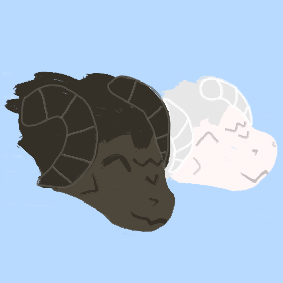 A sketch of 2 deathclaw heads bumping their horns while smiling. One deathclaw is white, and the other is brown