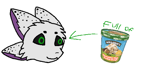 A doodle of Emerald, with an arrow pointing to her saying 'Full of Ben & Jerry's Non-Dairy Chocolate Chip Cookie Dough Ice Cream'