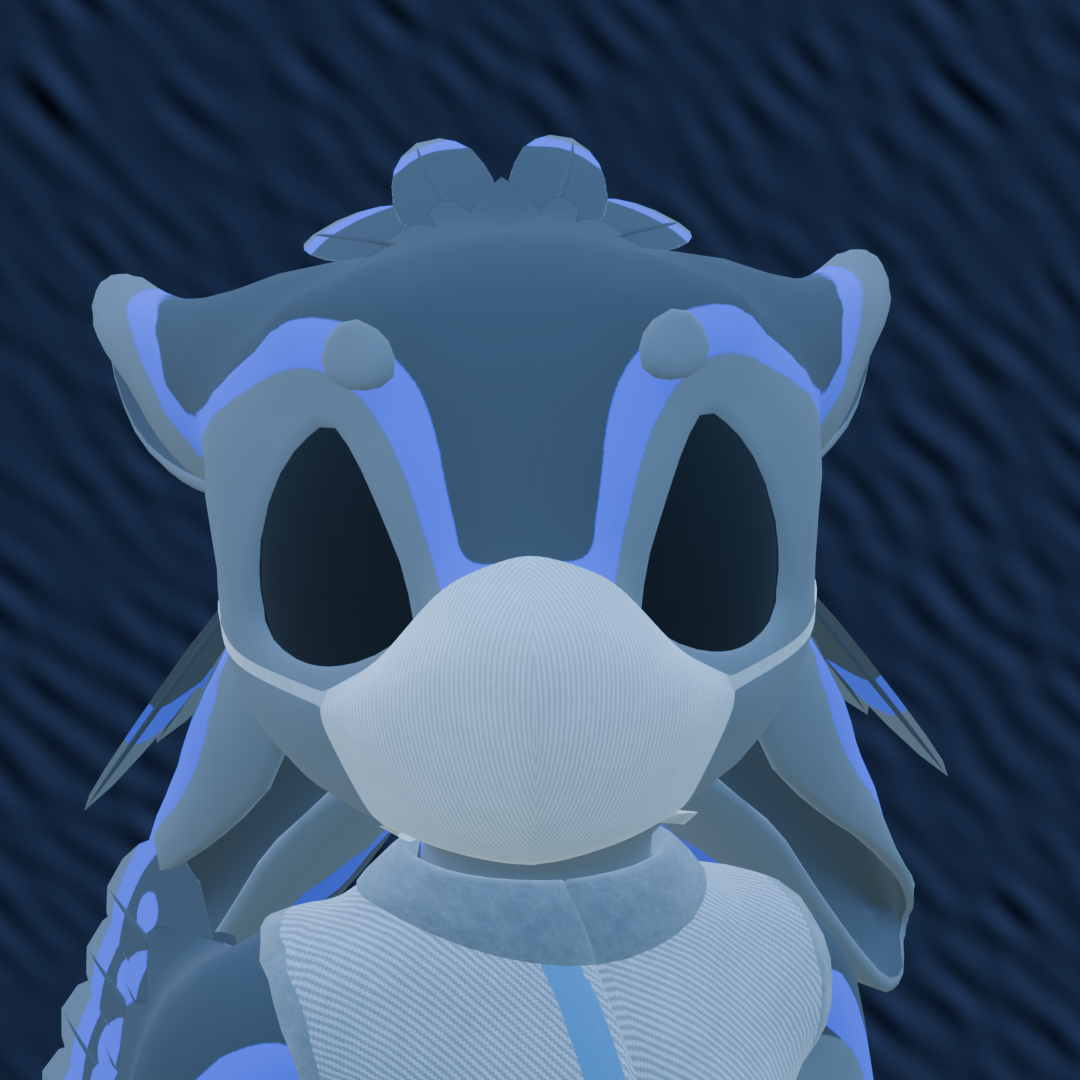 Cygnus, a grey avali with blue stripes, wearing a mask.