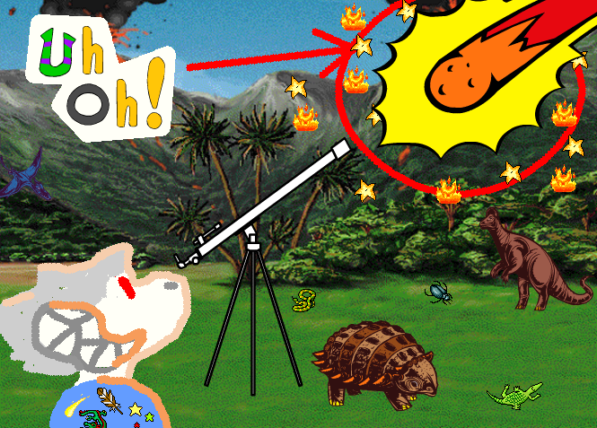 Rosie in the jurassic period. She's looking through a telescope at a meteor, which is circled in red with text saying 'uh oh!' She's illuminated by the meteor, and there's various clip art dinosaurs placed around