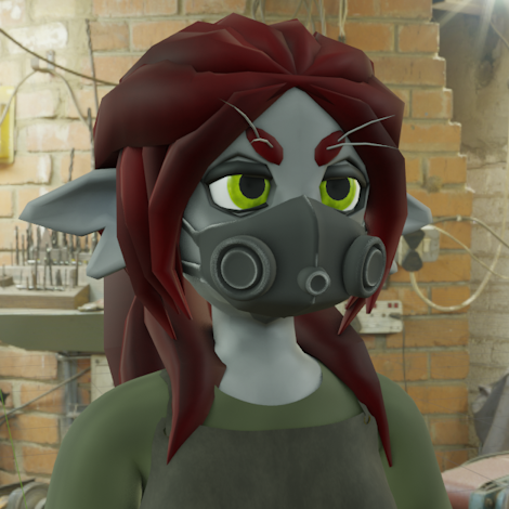 A blender screenshot of Ney, an ariral (grey cat alien) with a dark red ponytail and yellow-green eyes