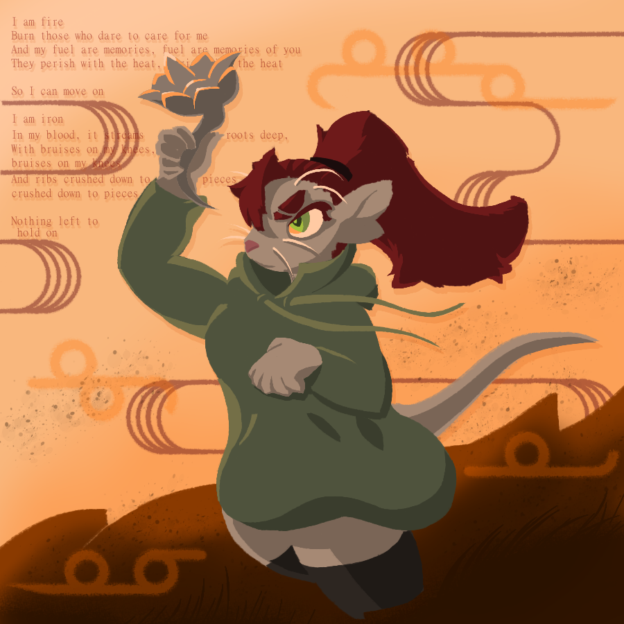 A drawing of Ney, holding a lotus made of iron as she's illuminated by a sunrise. Lyrics to the song Iron Lotus by Mili are in the background.