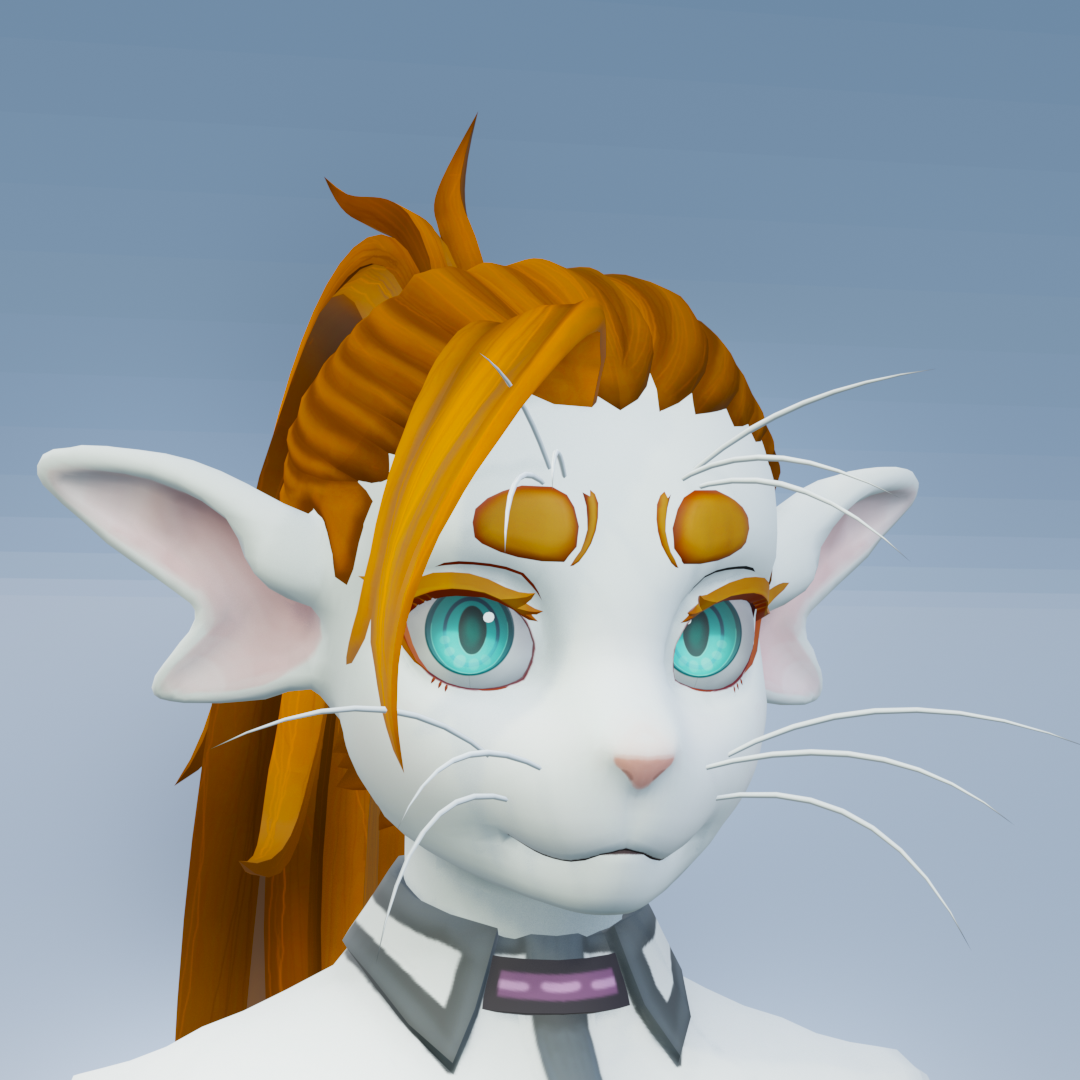 Tesu, an ariral with a labcoat and orange hair in a ponytail