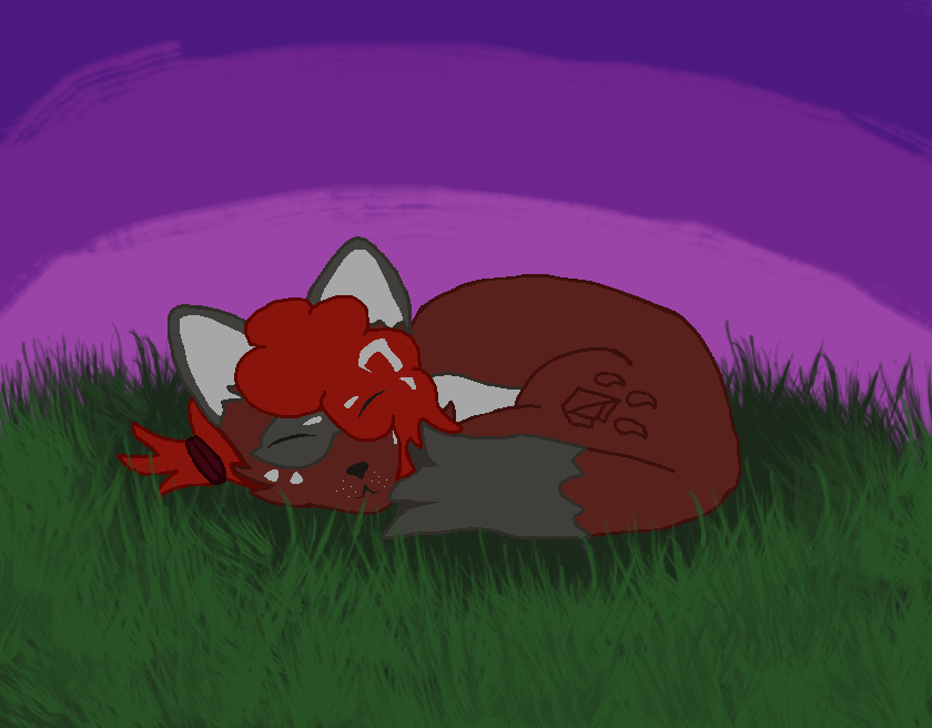 Nisky drawn as a fox-like nickit, curled up and asleep in a grass field.