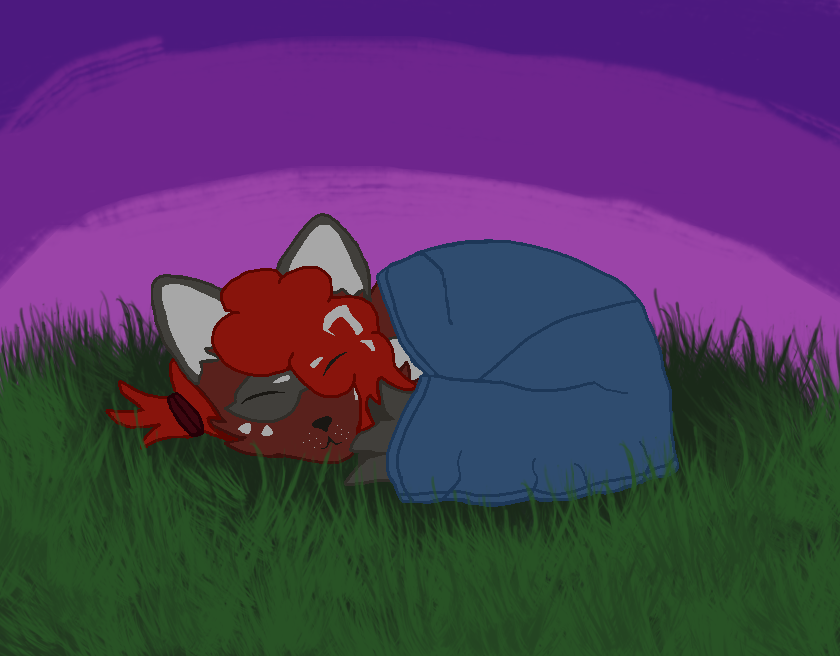 Nisky drawn as a fox-like nickit, curled up and asleep in a grass field. There's a blue blanket draped over her.